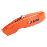 Irwin orange hi-vis retractable utility knife with 3-position blade slide and included replacement blades