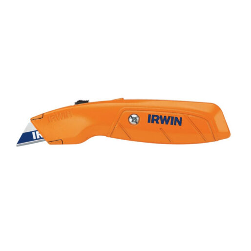 Irwin orange hi-vis retractable utility knife with 3-position blade slide and included replacement blades