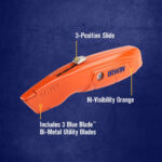 Irwin orange hi-vis retractable utility knife with 3-position blade slide and included replacement blades